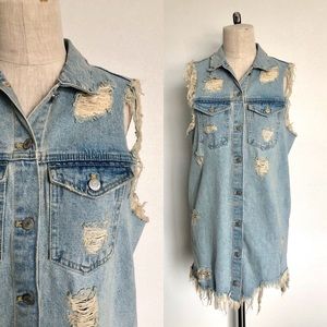 ZARA DISTRESSED DENIM BAGGY FIT DRESS - XS